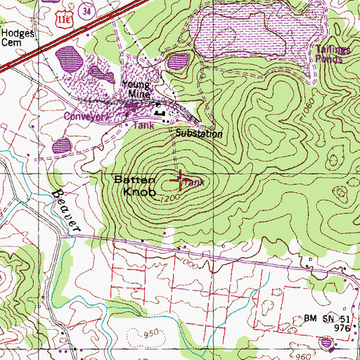 Topographic Map of Batten Knob, TN