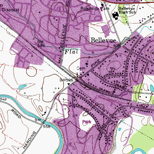 Topographic Map of Bellevue, TN