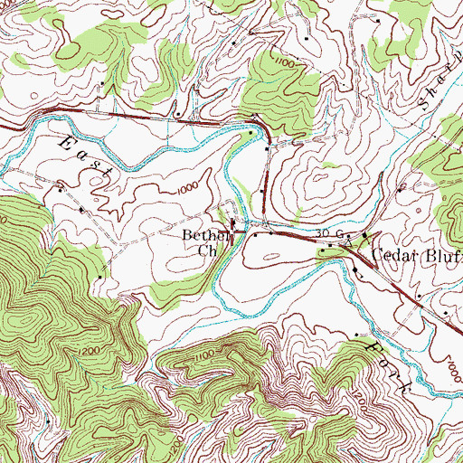 Topographic Map of Bethel Baptist Church, TN