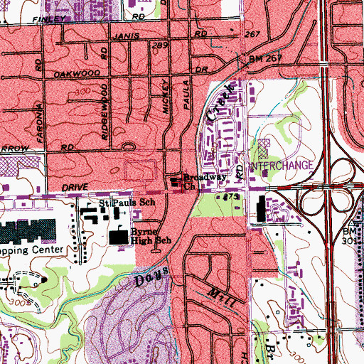 Topographic Map of Broadway Church, TN