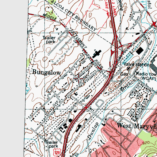 Topographic Map of Bungalow, TN