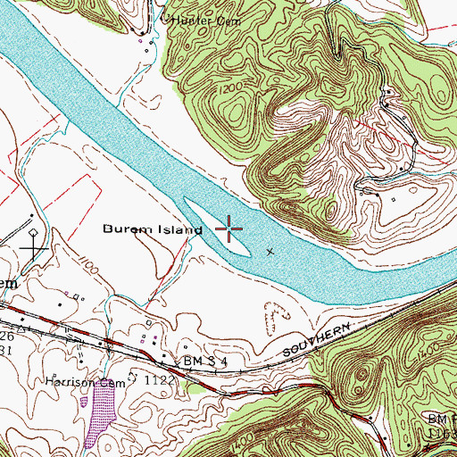 Topographic Map of Burem Island, TN