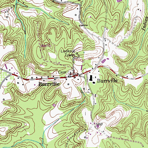 Topographic Map of Burrville, TN