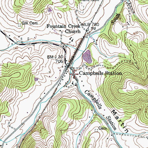 Topographic Map of Campbells Station Branch, TN