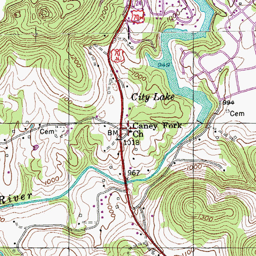 Topographic Map of Caney Fork Church, TN