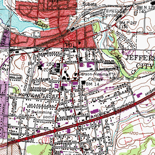 Topographic Map of Carson-Newman College, TN