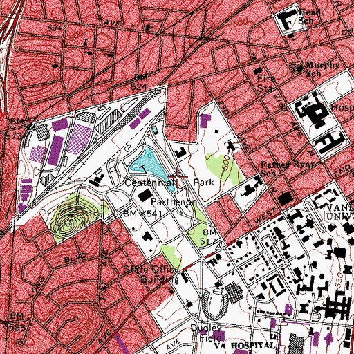 Topographic Map of Centennial Park, TN