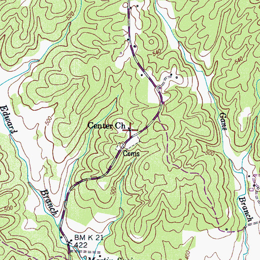 Topographic Map of Center Church, TN