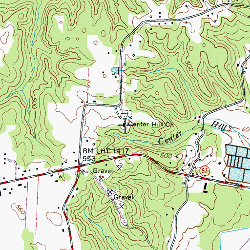 Topographic Map of Center Hill Church, TN