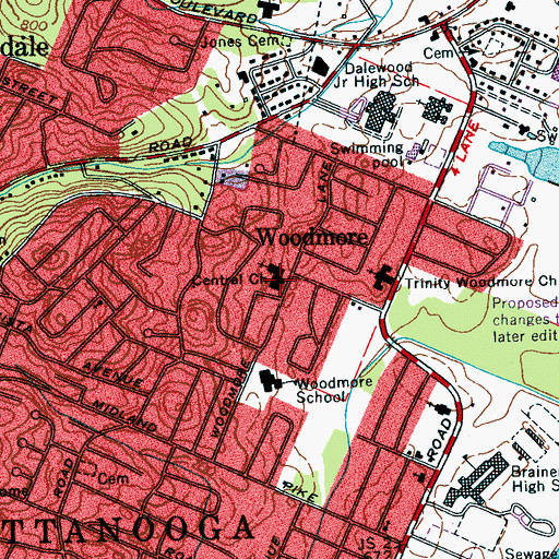 Topographic Map of Central Church, TN