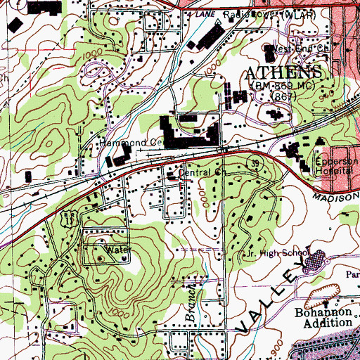 Topographic Map of Central Church, TN