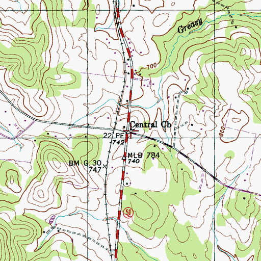 Topographic Map of Central Church, TN