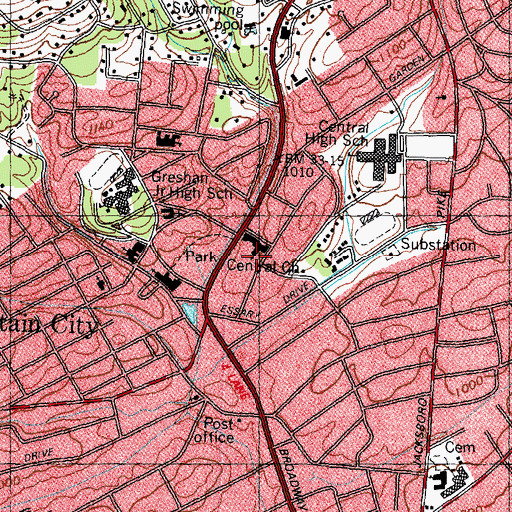 Topographic Map of Central Church, TN