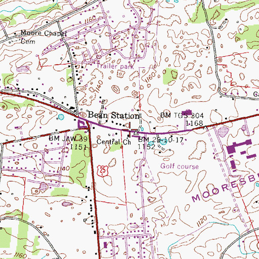 Topographic Map of Central Church, TN