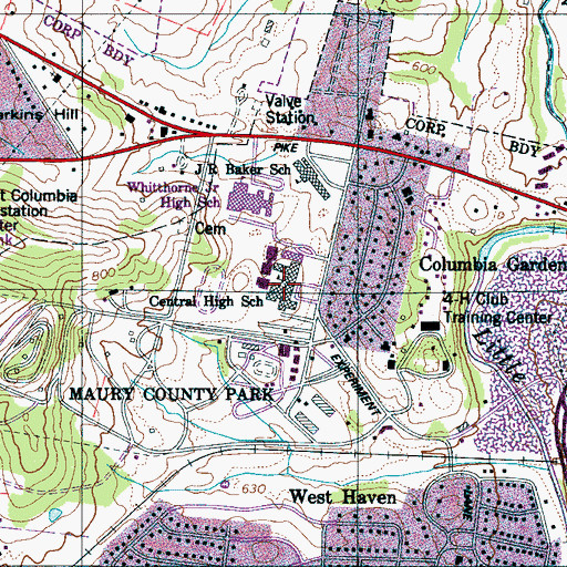 Topographic Map of Central High School, TN