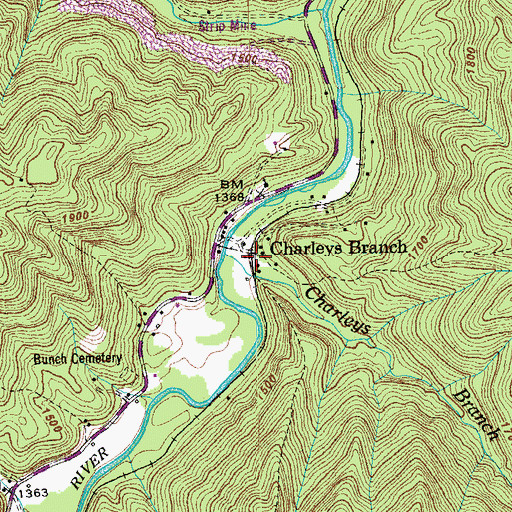 Topographic Map of Charleys Branch, TN