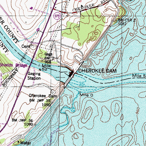 Topographic Map of Cherokee Dam, TN