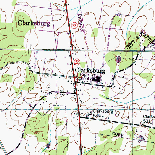 Topographic Map of Clarksburg, TN