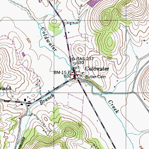 Topographic Map of Coldwater, TN