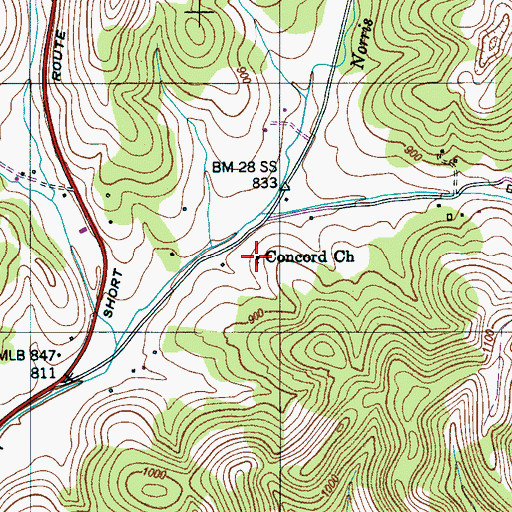 Topographic Map of Concord Church, TN