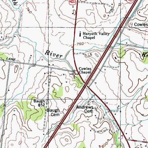 Topographic Map of Cowles Chapel, TN