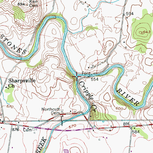 Topographic Map of Cripple Creek, TN