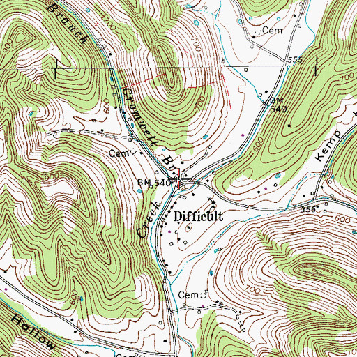 Topographic Map of Difficult, TN
