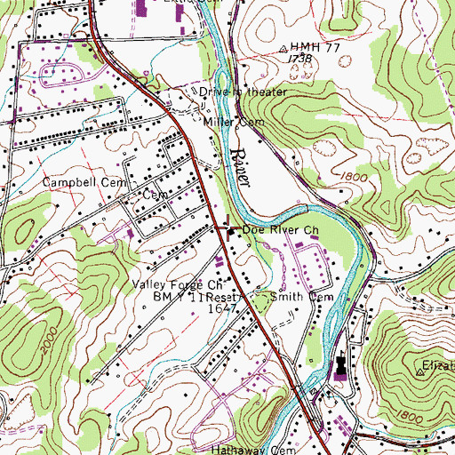 Topographic Map of Doe River Church, TN