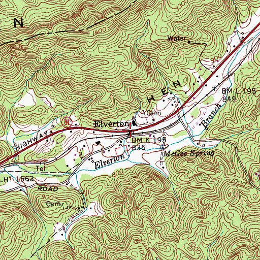 Topographic Map of Elverton, TN