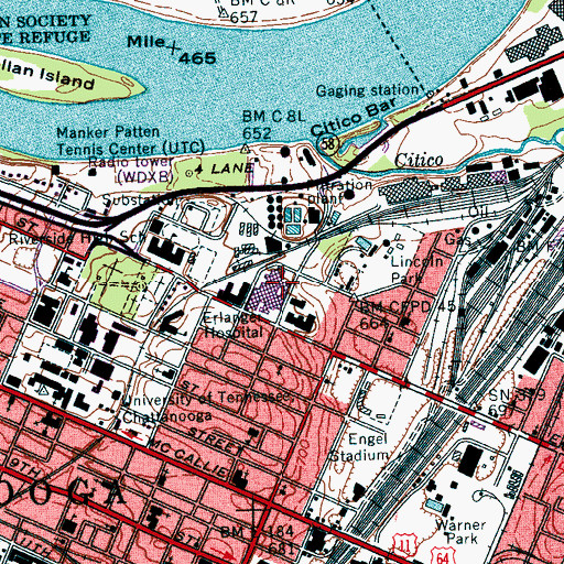 Topographic Map of Erlanger Hospital Baroness Campus / Children's Hospital at Erlanger, TN