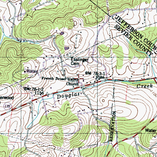 Topographic Map of French Broad Valley Church, TN