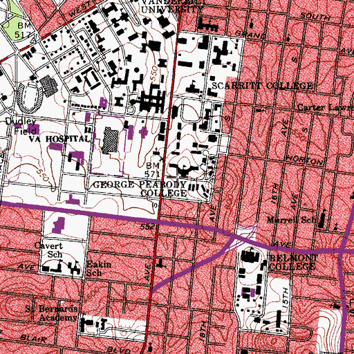 Topographic Map of George Peabody College, TN