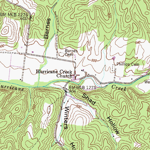 Topographic Map of Hurricane Creek Church, TN