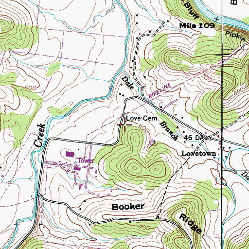 Topographic Map of Love Cemetery, TN