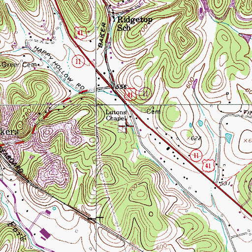 Topographic Map of Lutons Church, TN