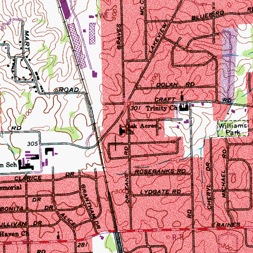 Topographic Map of Oak Acres Church, TN