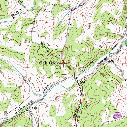 Topographic Map of Oak Grove Freewill Baptist Church, TN