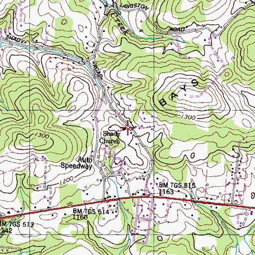 Topographic Map of Shady Church, TN