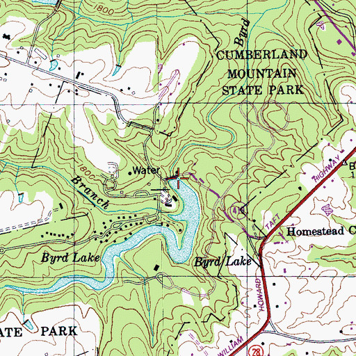 Topographic Map of Byrd Lake Dam, TN