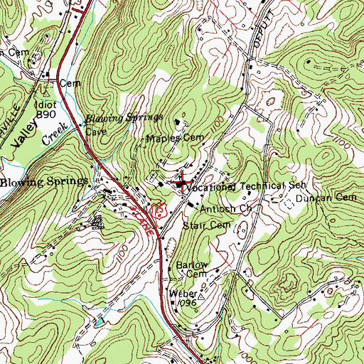 Topographic Map of Blowing Springs School, TN