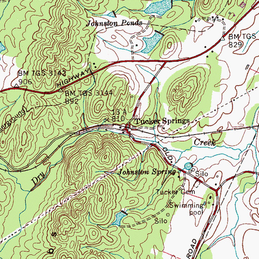 Topographic Map of Tucker Springs, TN