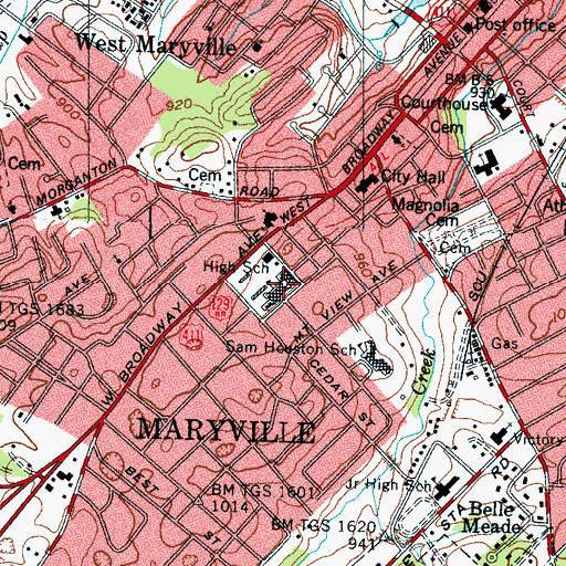 Topographic Map of Maryville High School, TN