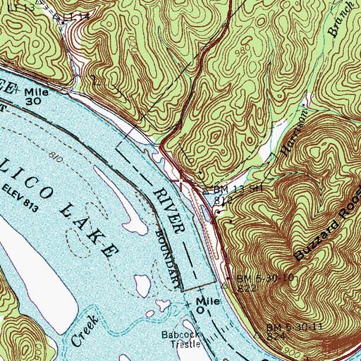 Topographic Map of Harrison Branch Recreation Area, TN