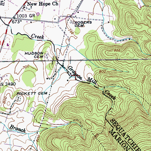 Topographic Map of Graysons Mill (historical), TN