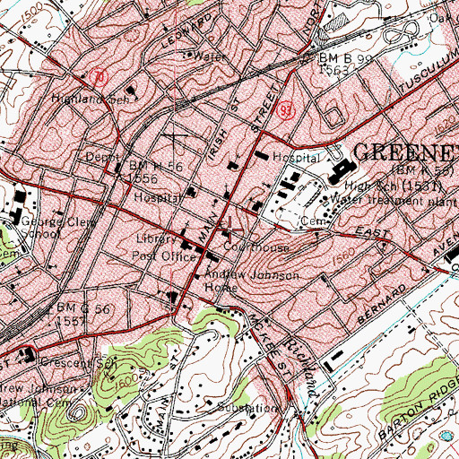 Topographic Map of Greene County Courthouse, TN