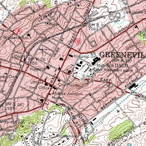 Topographic Map of Greeneville City Hall, TN