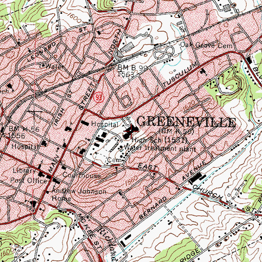 Topographic Map of Greeneville High School, TN