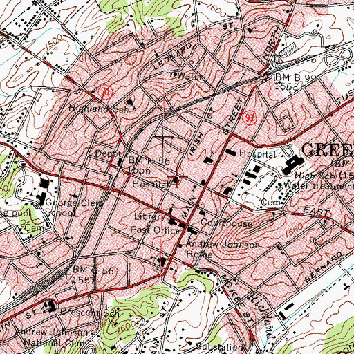 Topographic Map of Greeneville Hospital, TN