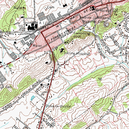 Topographic Map of Greeneville Middle School, TN
