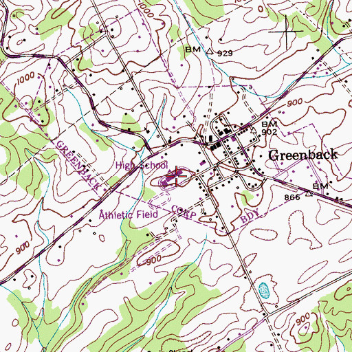 Topographic Map of Greenback High School, TN